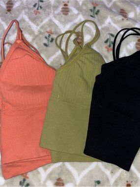 3-Pack Ribbed Spaghetti Strap Bralettes - Coral, Olive, Black